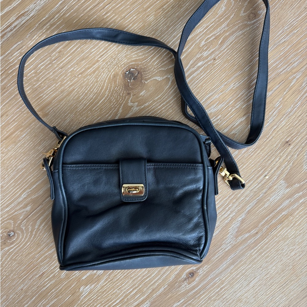 Compact Black Leather Crossbody with Gold-Tone Accent